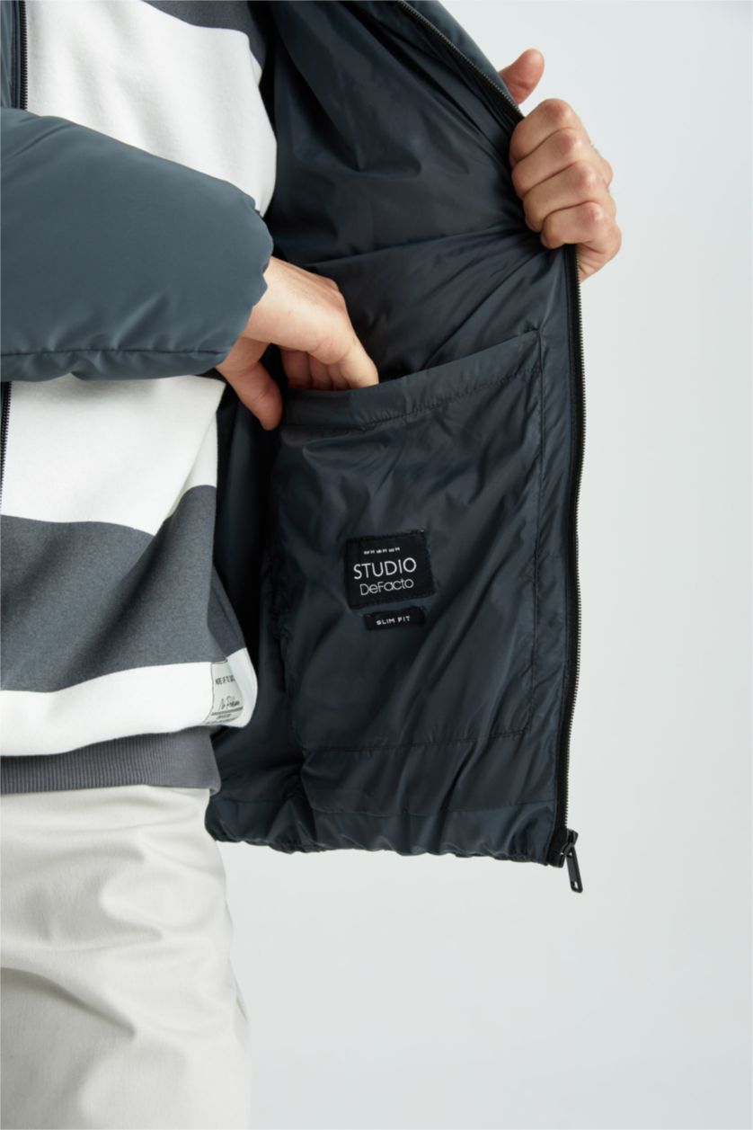 Мужчины Темно-зеленый Кауртка приталенного кроя с воротником стойкой