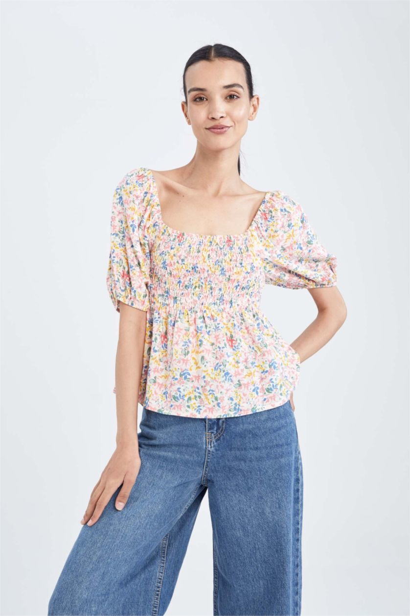 WOMAN Pink Fitted Square Neck Floral Short Sleeve Blouse