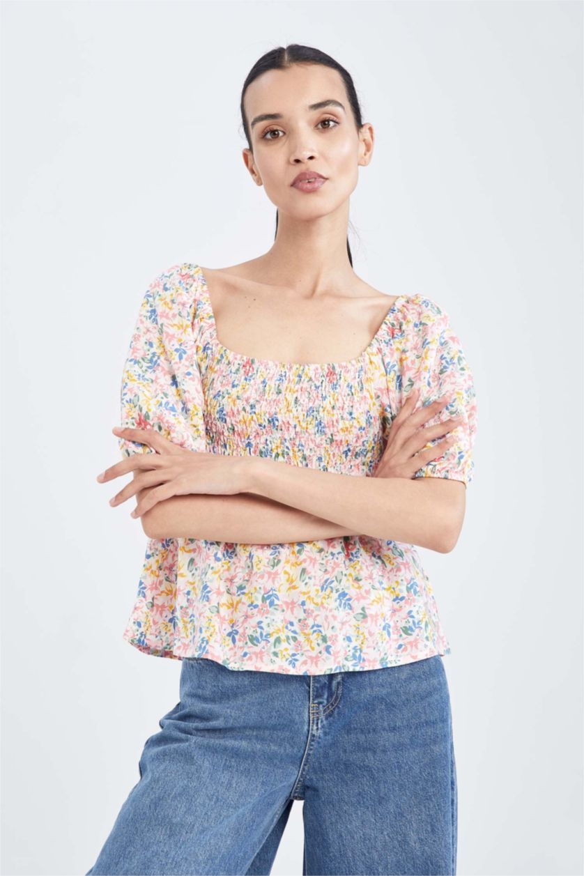 WOMAN Pink Fitted Square Neck Floral Short Sleeve Blouse