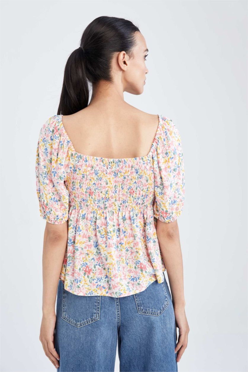 WOMAN Pink Fitted Square Neck Floral Short Sleeve Blouse