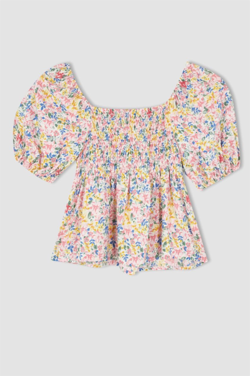 WOMAN Pink Fitted Square Neck Floral Short Sleeve Blouse