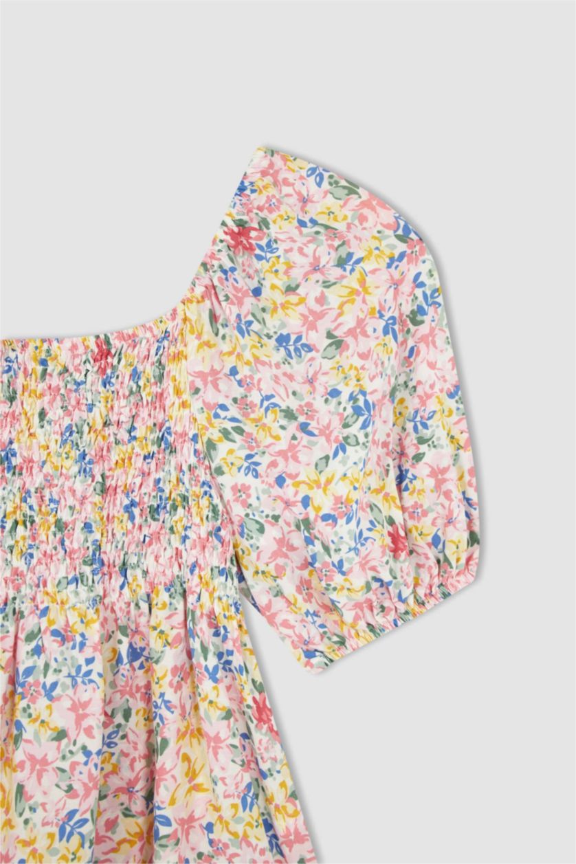 WOMAN Pink Fitted Square Neck Floral Short Sleeve Blouse