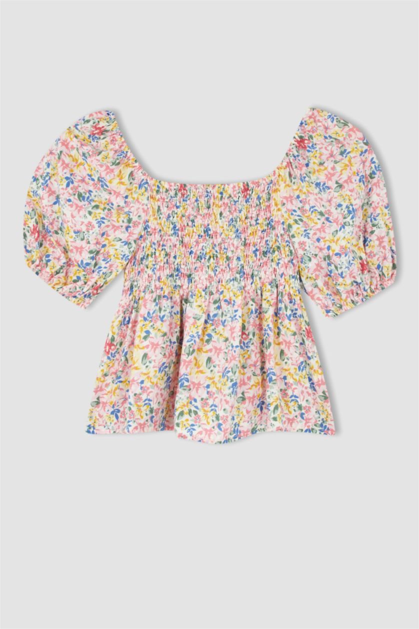 WOMAN Pink Fitted Square Neck Floral Short Sleeve Blouse