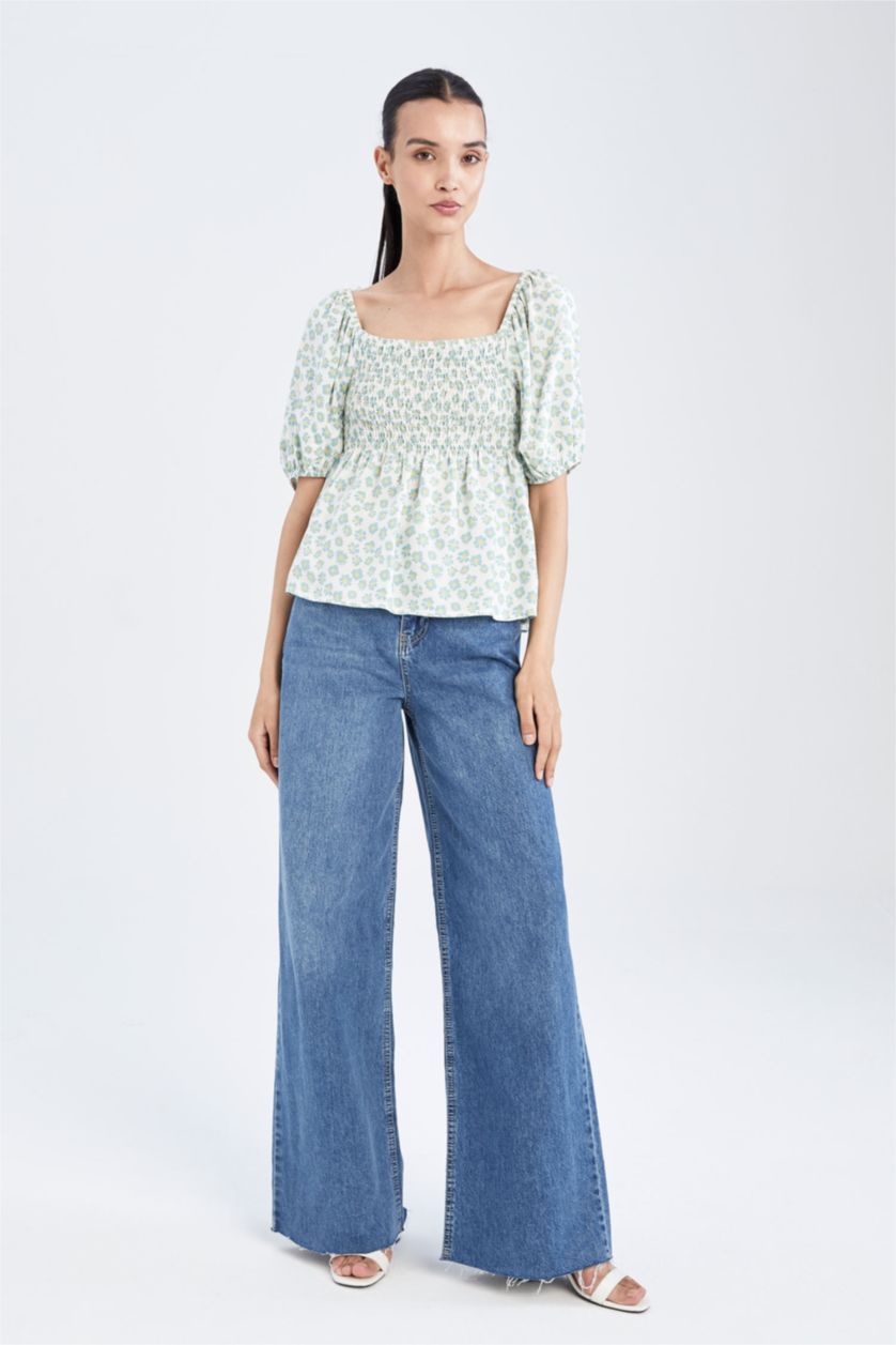 Kadın Açık Turkuaz Fıtted Kısa Kollu Bluz