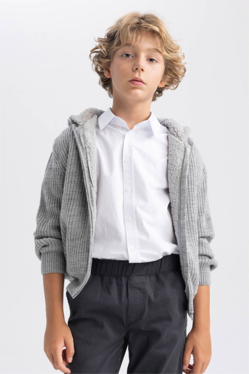 BOYS & TEENS Light Grey Melange Regular Fit Hooded Cardigan
