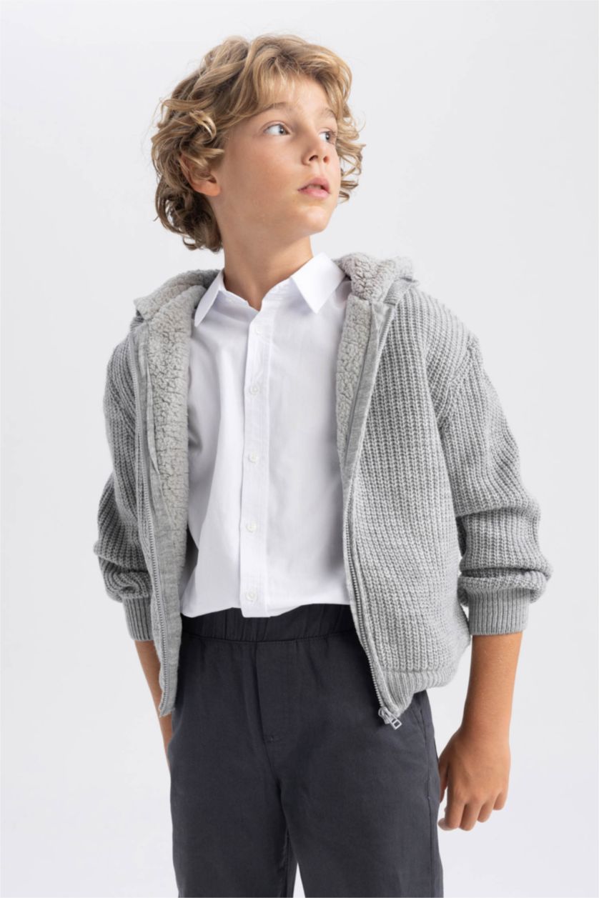 BOYS & TEENS Light Grey Melange Regular Fit Hooded Cardigan