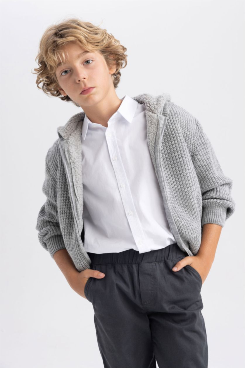 BOYS & TEENS Light Grey Melange Regular Fit Hooded Cardigan