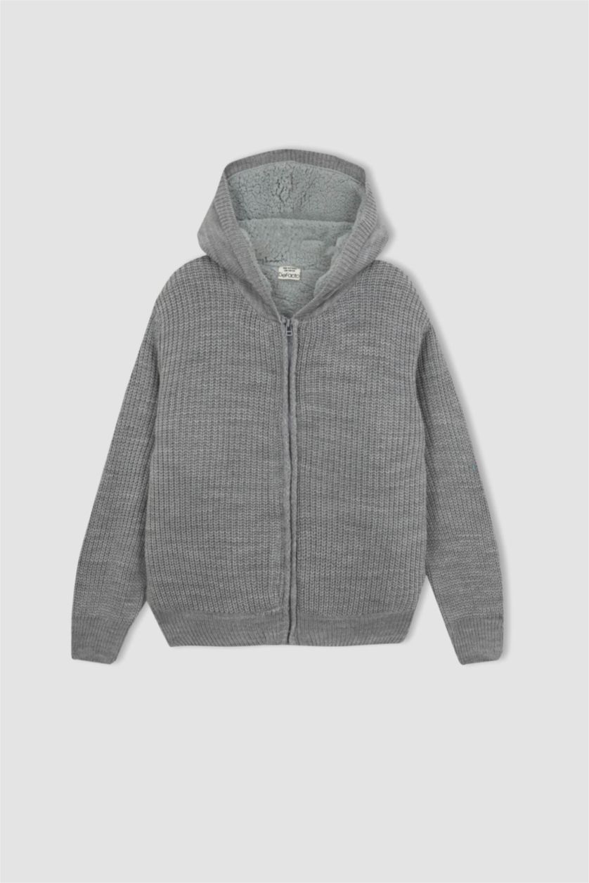 BOYS & TEENS Light Grey Melange Regular Fit Hooded Cardigan