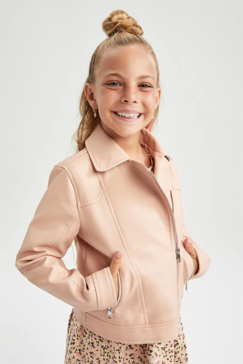 Kız Çocuk - Genç Kız Somon Kız Çocuk Su Geçirmez Suni Deri Mont