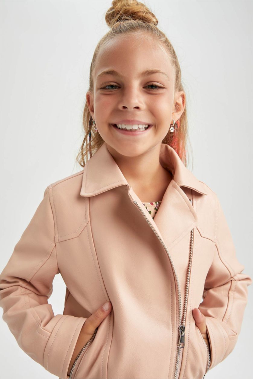 Kız Çocuk - Genç Kız Somon Kız Çocuk Su Geçirmez Suni Deri Mont