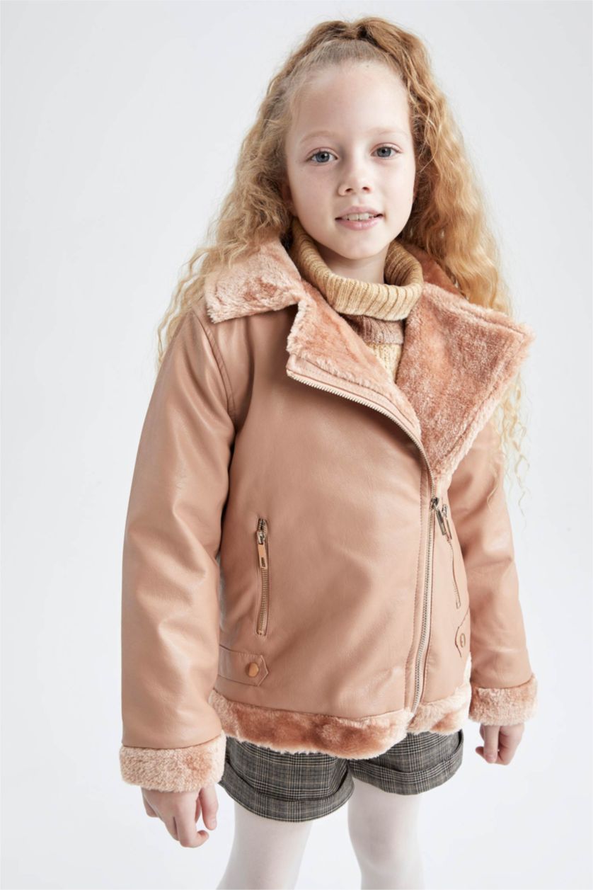 GIRLS & TEENS Dark Pink Girl Faux Leather Faux Shearling Coat