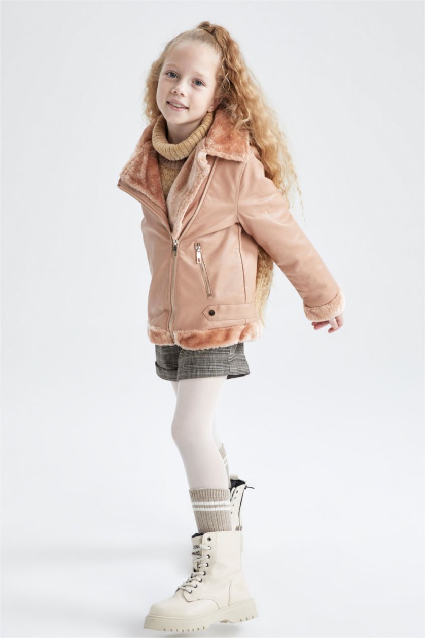 GIRLS & TEENS Dark Pink Girl Faux Leather Faux Shearling Coat