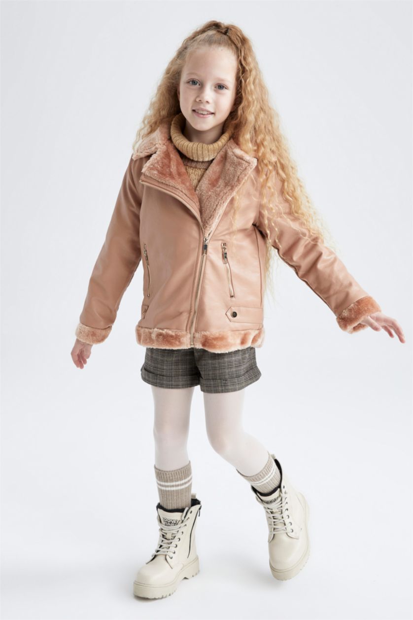 GIRLS & TEENS Dark Pink Girl Faux Leather Faux Shearling Coat