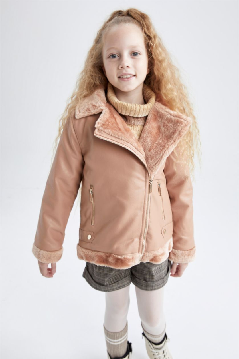 GIRLS & TEENS Dark Pink Girl Faux Leather Faux Shearling Coat