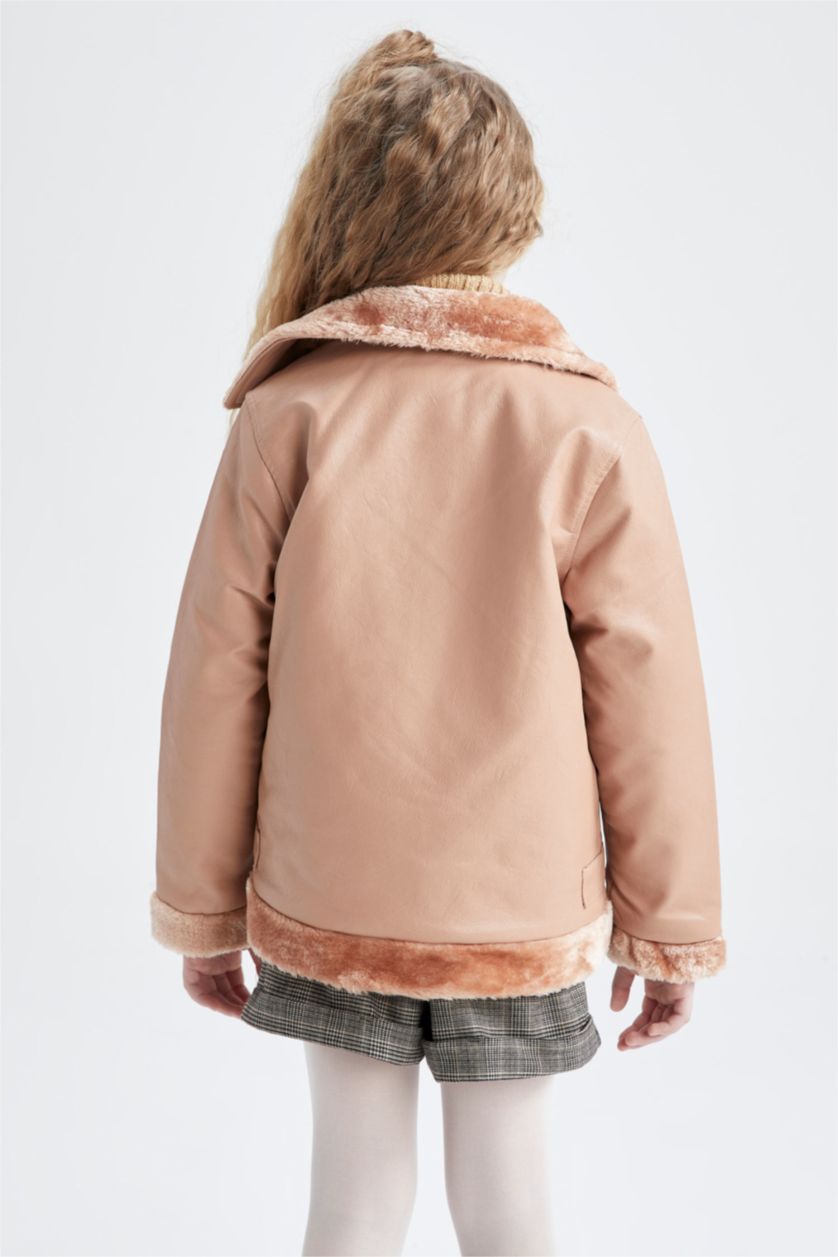 GIRLS & TEENS Dark Pink Girl Faux Leather Faux Shearling Coat