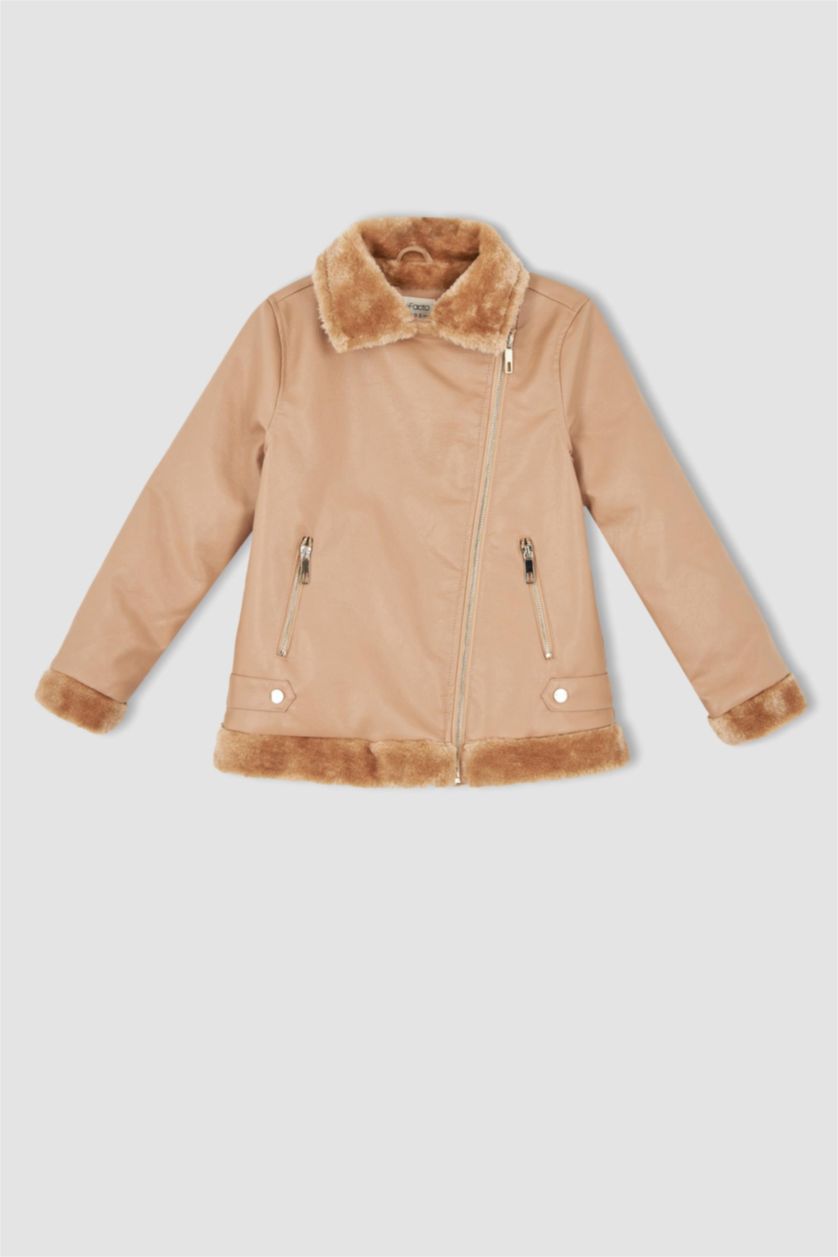 GIRLS & TEENS Dark Pink Girl Faux Leather Faux Shearling Coat