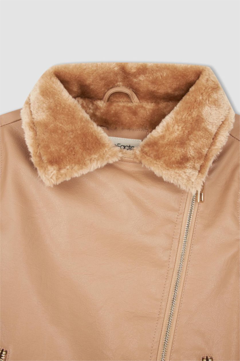 GIRLS & TEENS Dark Pink Girl Faux Leather Faux Shearling Coat