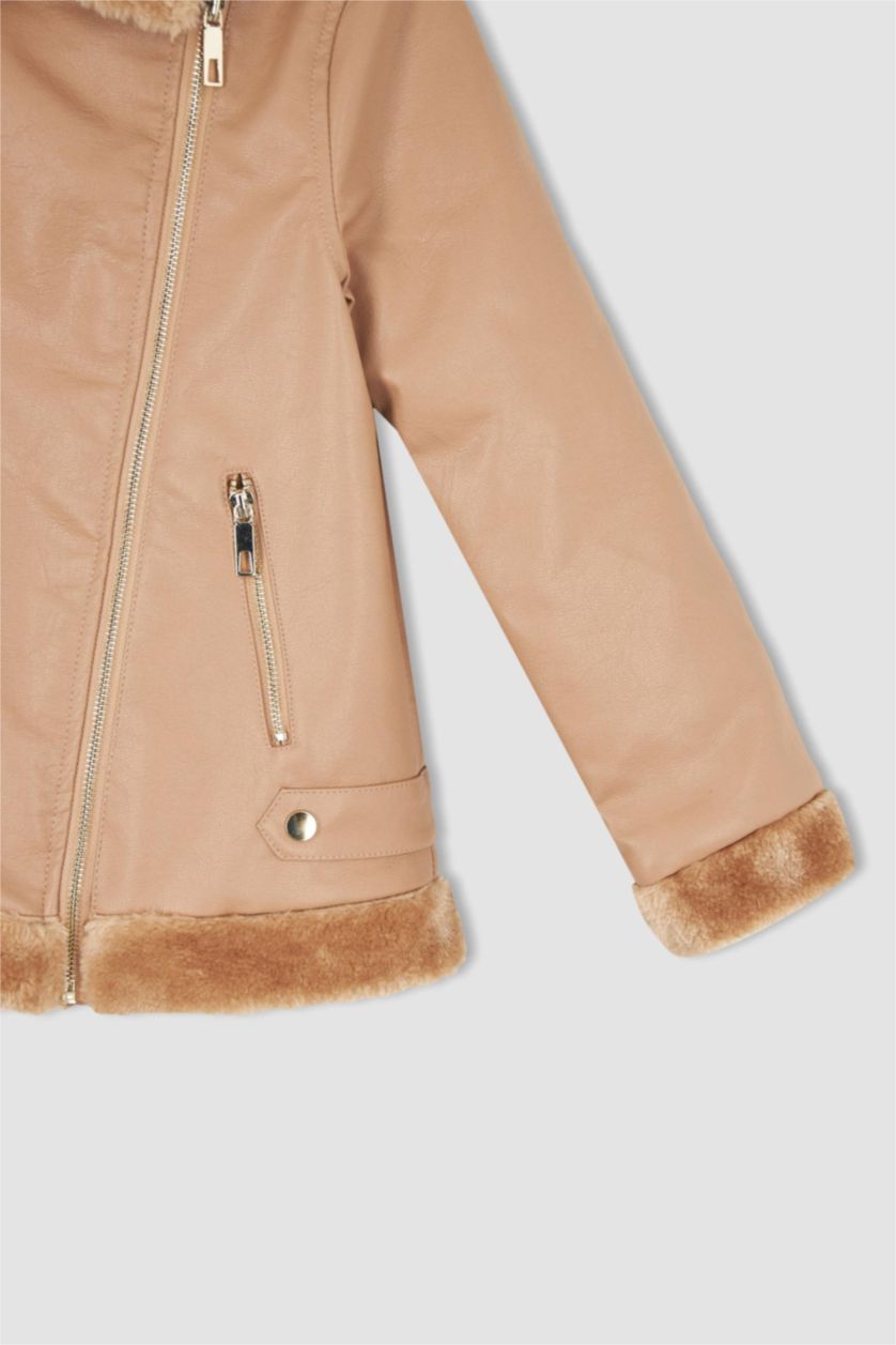GIRLS & TEENS Dark Pink Girl Faux Leather Faux Shearling Coat