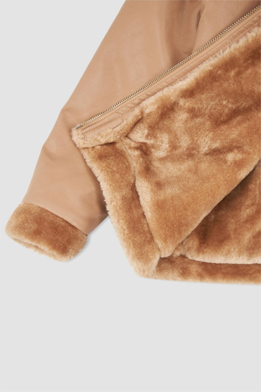 GIRLS & TEENS Dark Pink Girl Faux Leather Faux Shearling Coat