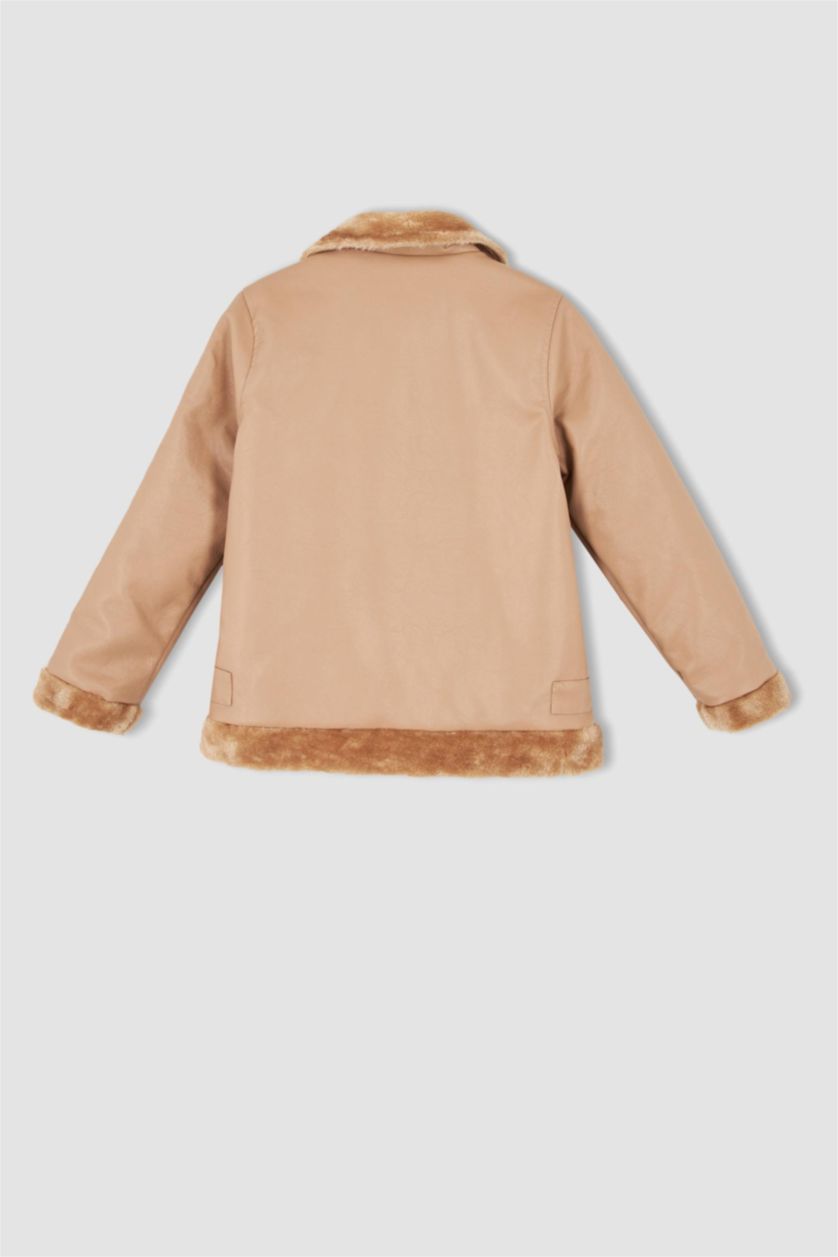 GIRLS & TEENS Dark Pink Girl Faux Leather Faux Shearling Coat