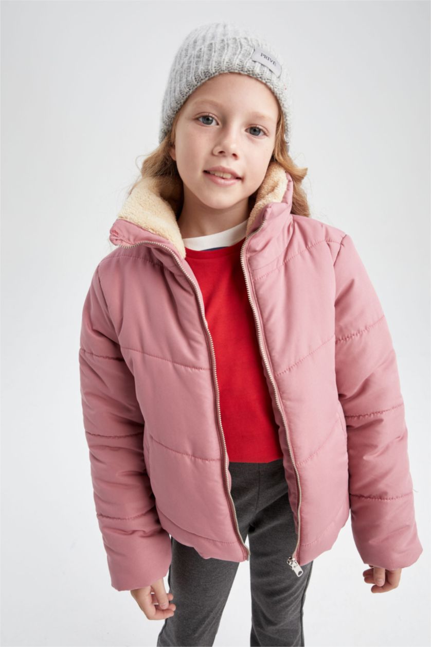 Kız Çocuk - Genç Kız Koyu Gülkurusu Kız Çocuk Dik Yaka Pelüş Astarlı Puffer Mont