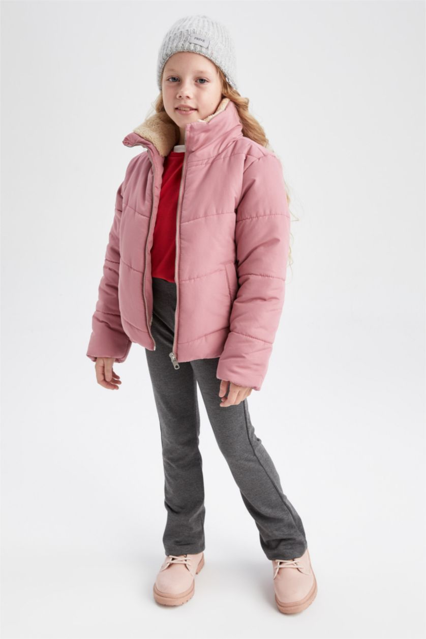 Kız Çocuk - Genç Kız Koyu Gülkurusu Kız Çocuk Dik Yaka Pelüş Astarlı Puffer Mont