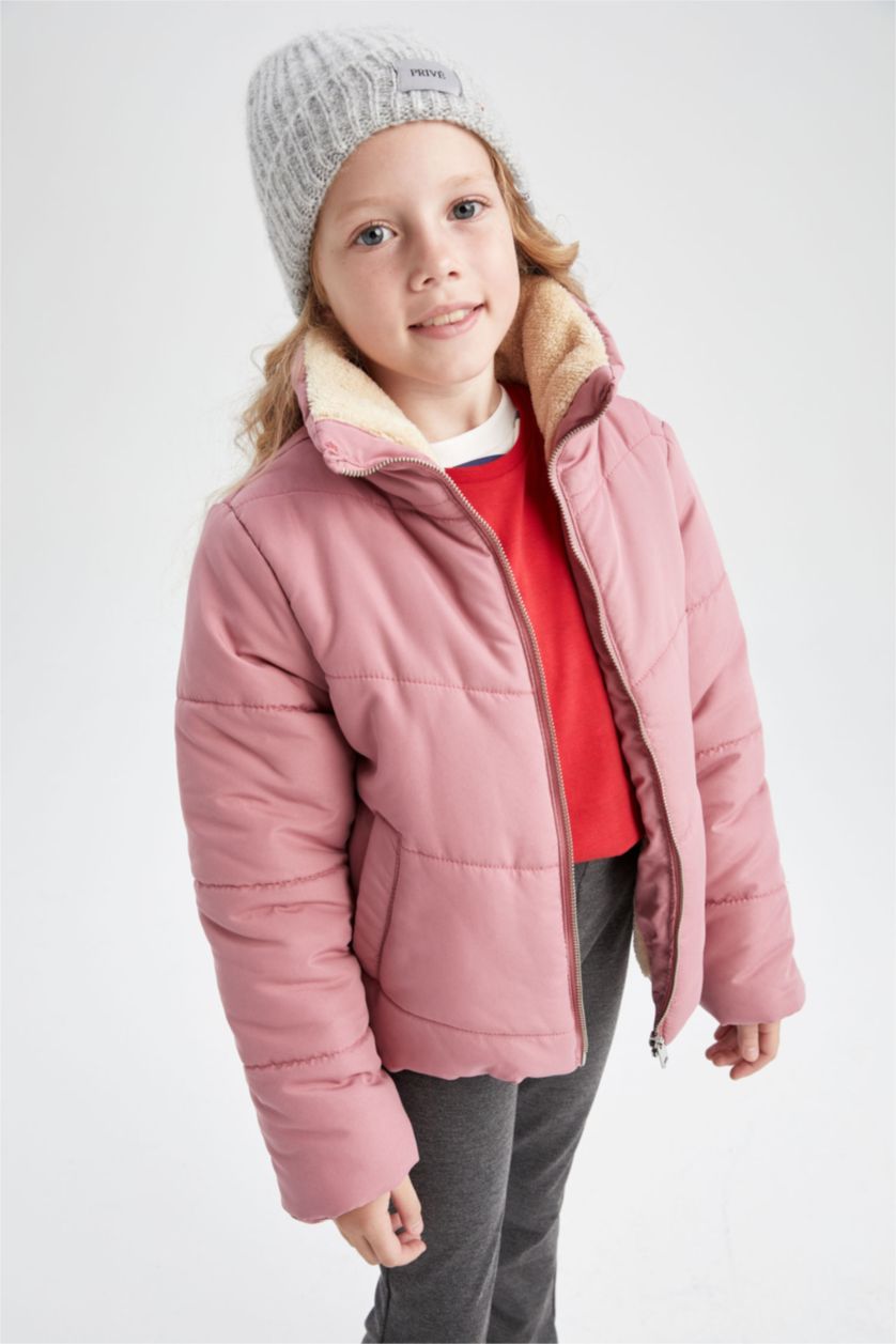 Kız Çocuk - Genç Kız Koyu Gülkurusu Kız Çocuk Dik Yaka Pelüş Astarlı Puffer Mont