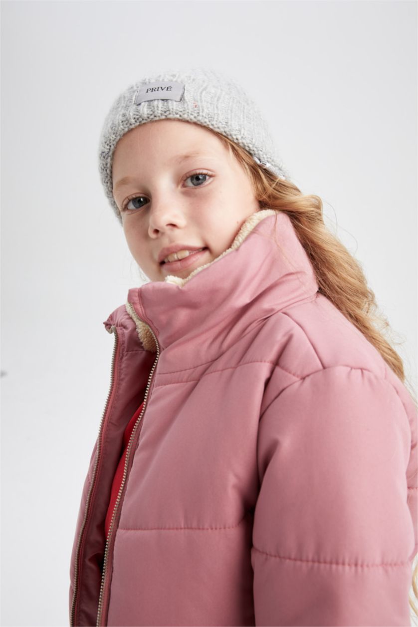 Kız Çocuk - Genç Kız Koyu Gülkurusu Kız Çocuk Dik Yaka Pelüş Astarlı Puffer Mont