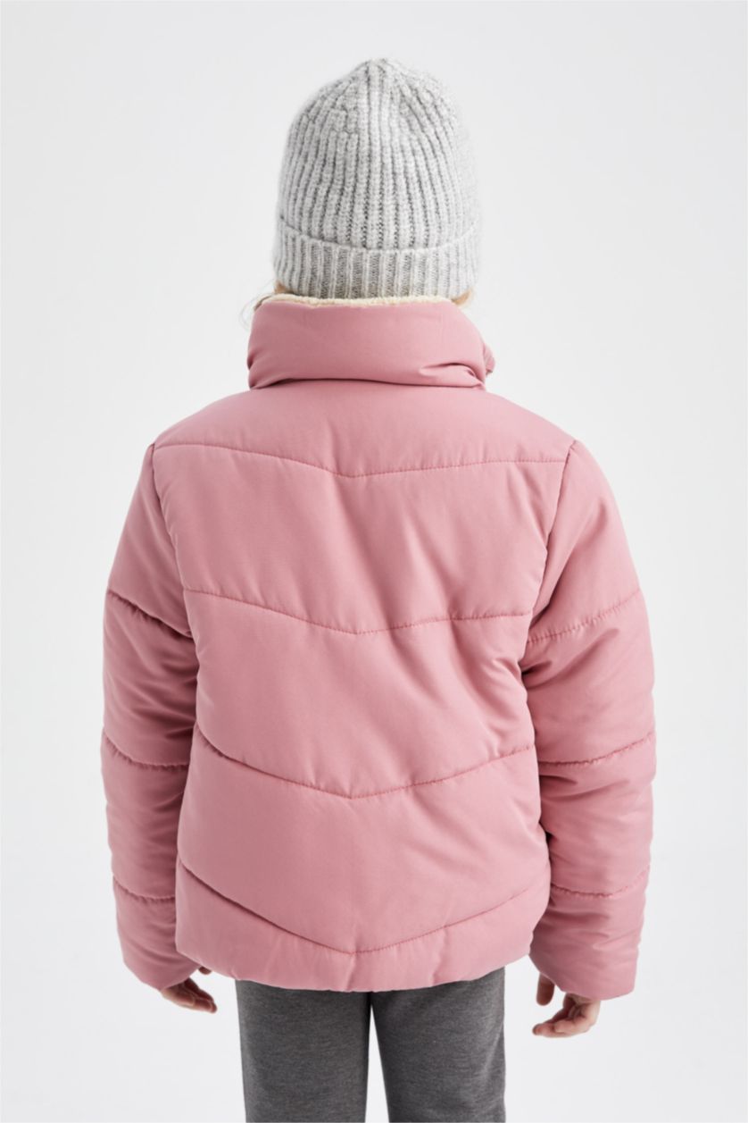 Kız Çocuk - Genç Kız Koyu Gülkurusu Kız Çocuk Dik Yaka Pelüş Astarlı Puffer Mont