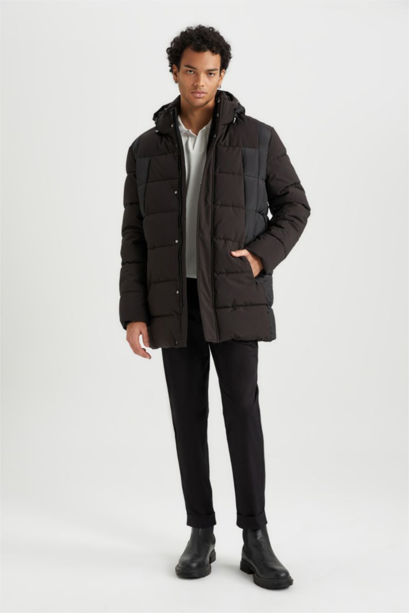 Erkek Siyah Su İtici Slim Fit Dar Kesim Kapüşonlu Suni Kürk Astarlı Fermuarlı Cepli Şişme Mont Parka