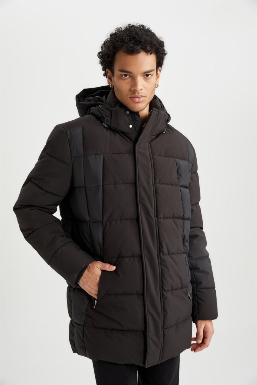 Erkek Siyah Su İtici Slim Fit Dar Kesim Kapüşonlu Suni Kürk Astarlı Fermuarlı Cepli Şişme Mont Parka