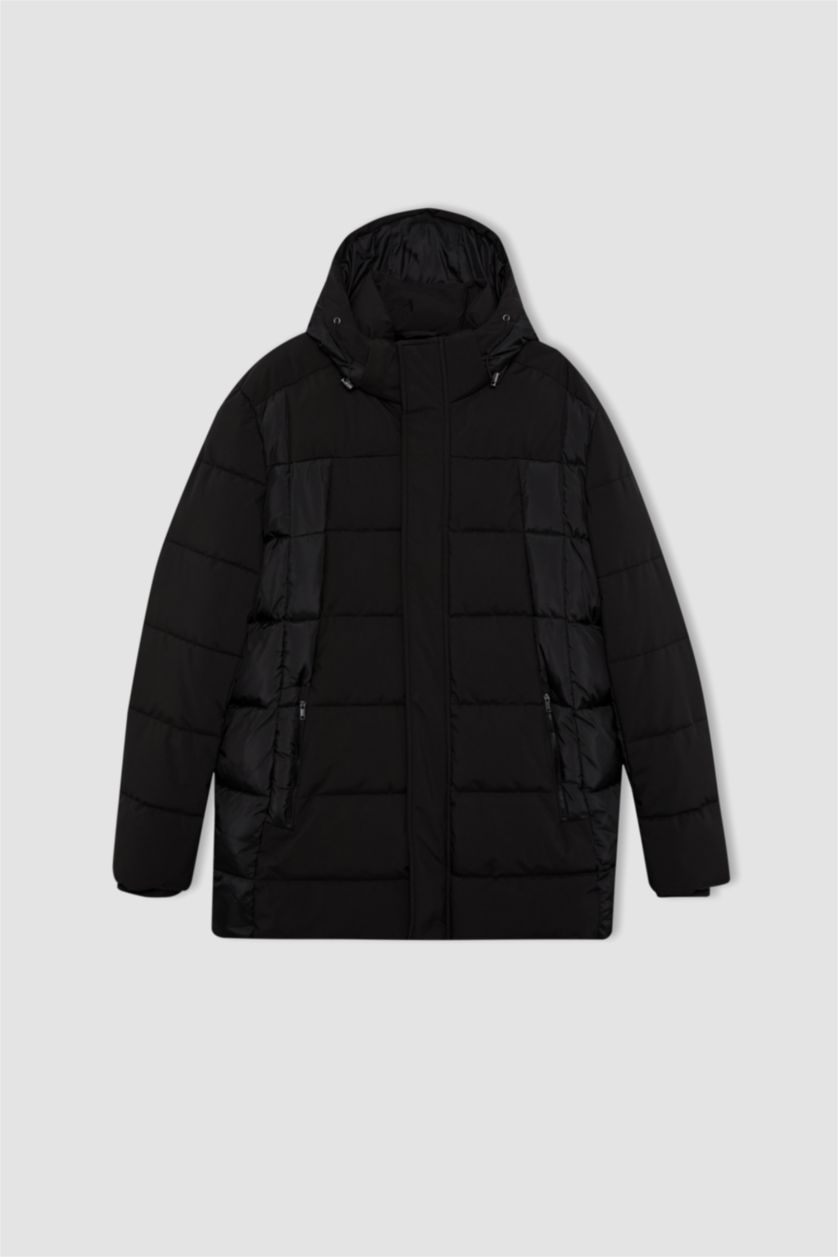 Erkek Siyah Su İtici Slim Fit Dar Kesim Kapüşonlu Suni Kürk Astarlı Fermuarlı Cepli Şişme Mont Parka
