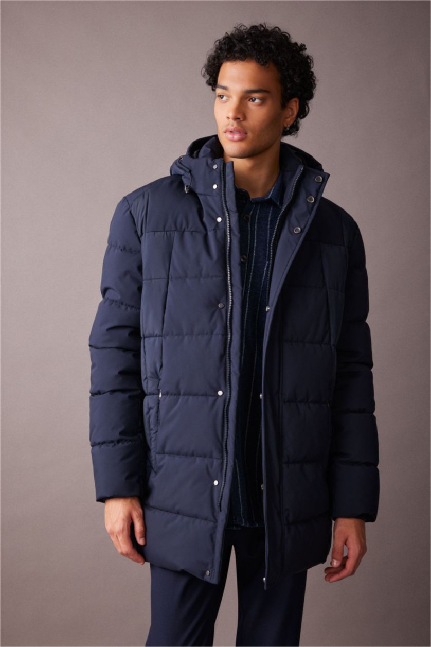 MAN NAVY Slim Fit Hooded Faux Fur Lined Puffer Jacket