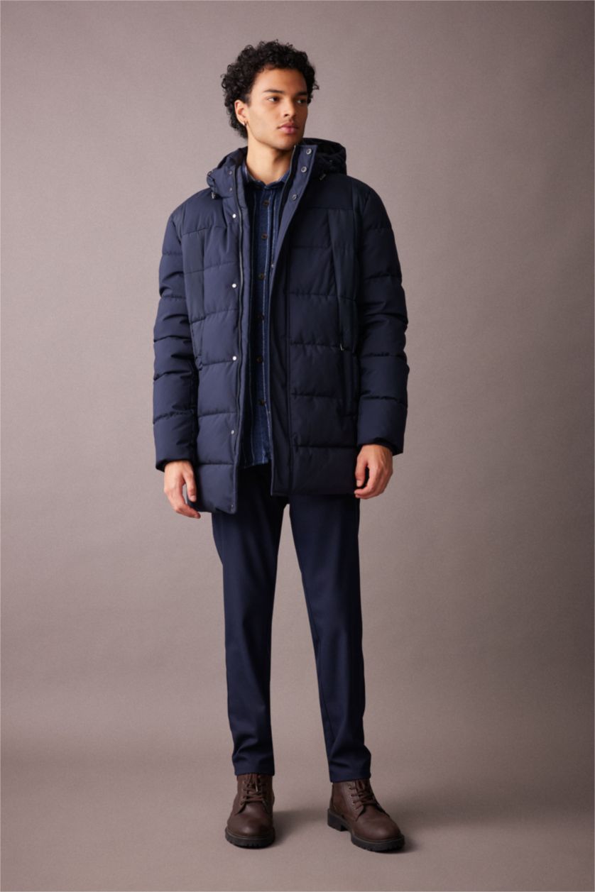 MAN NAVY Slim Fit Hooded Faux Fur Lined Puffer Jacket