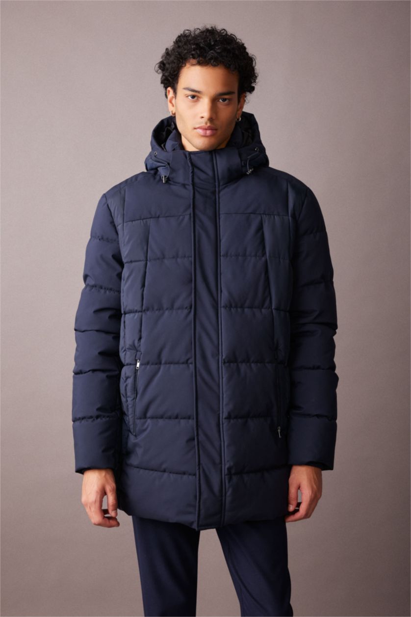 MAN NAVY Slim Fit Hooded Faux Fur Lined Puffer Jacket