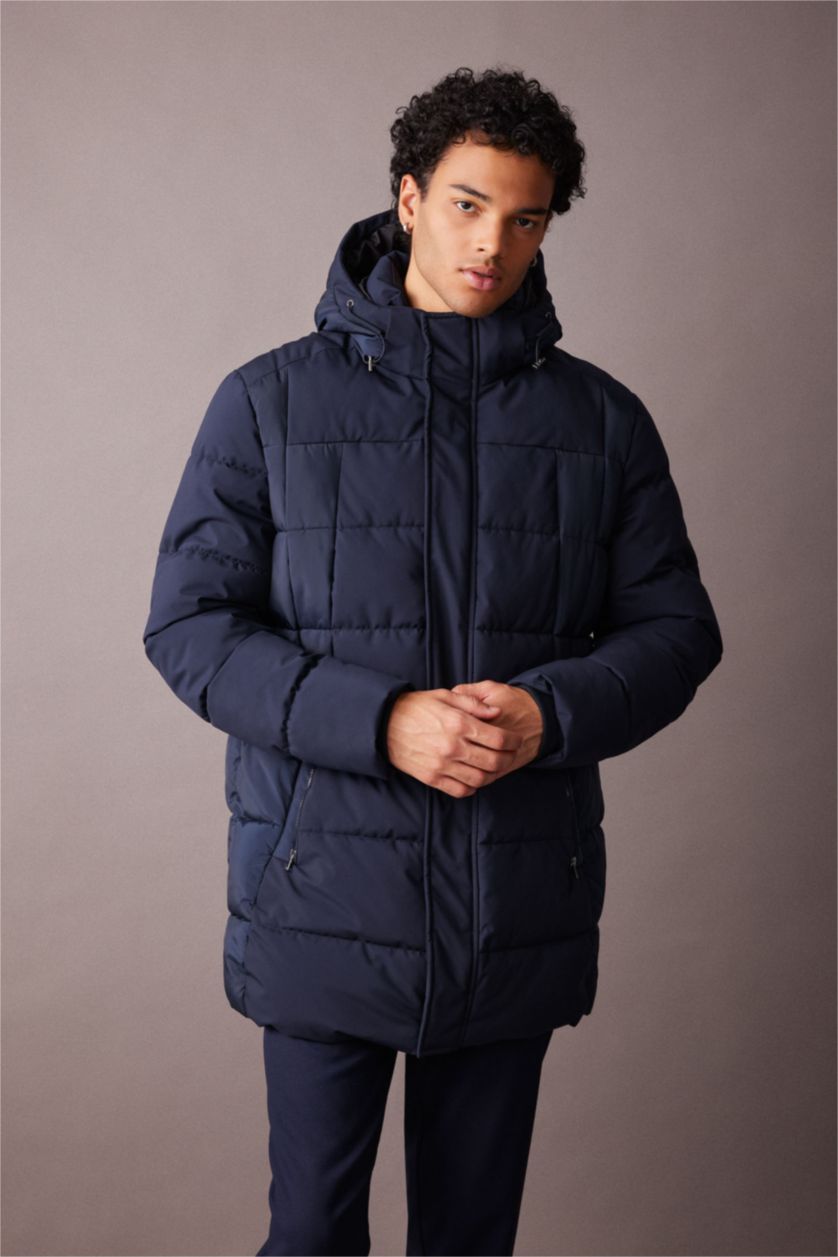 MAN NAVY Slim Fit Hooded Faux Fur Lined Puffer Jacket