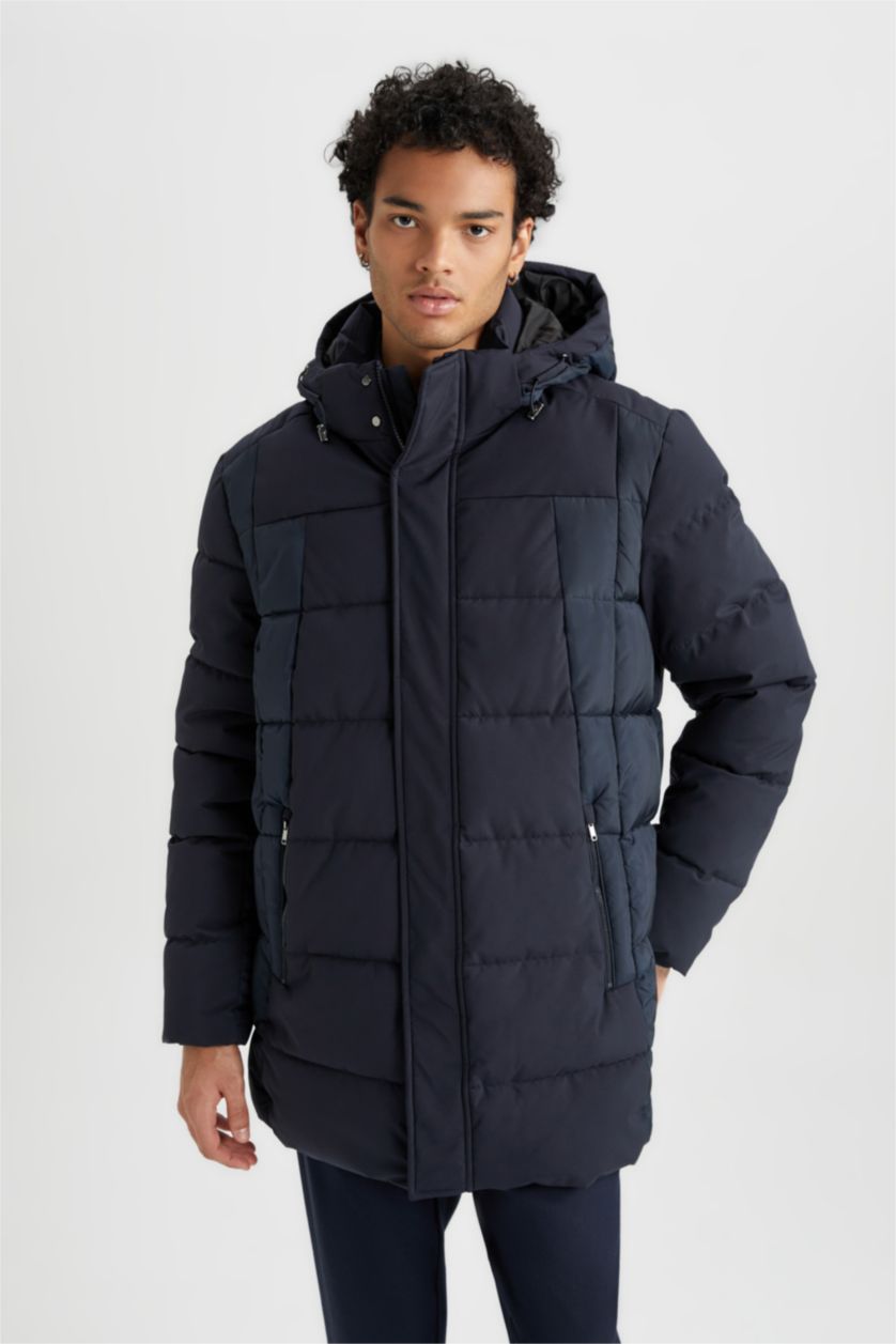MAN NAVY Slim Fit Hooded Faux Fur Lined Puffer Jacket
