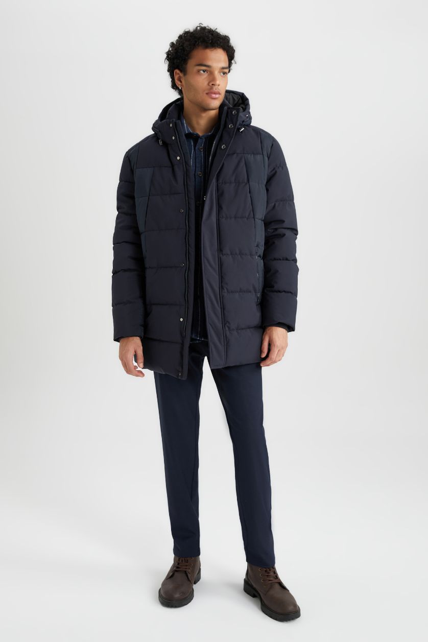 MAN NAVY Slim Fit Hooded Faux Fur Lined Puffer Jacket