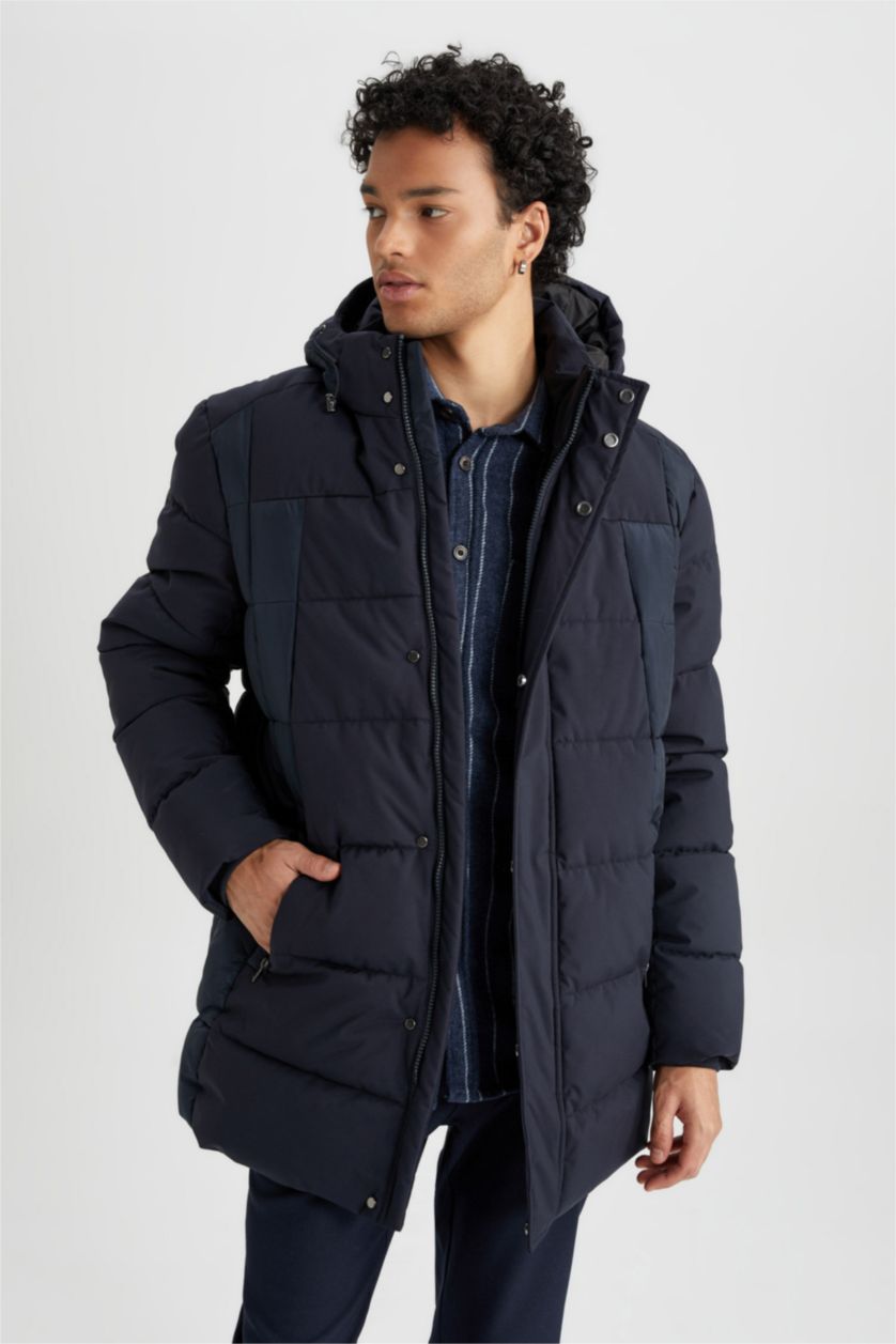 MAN NAVY Slim Fit Hooded Faux Fur Lined Puffer Jacket