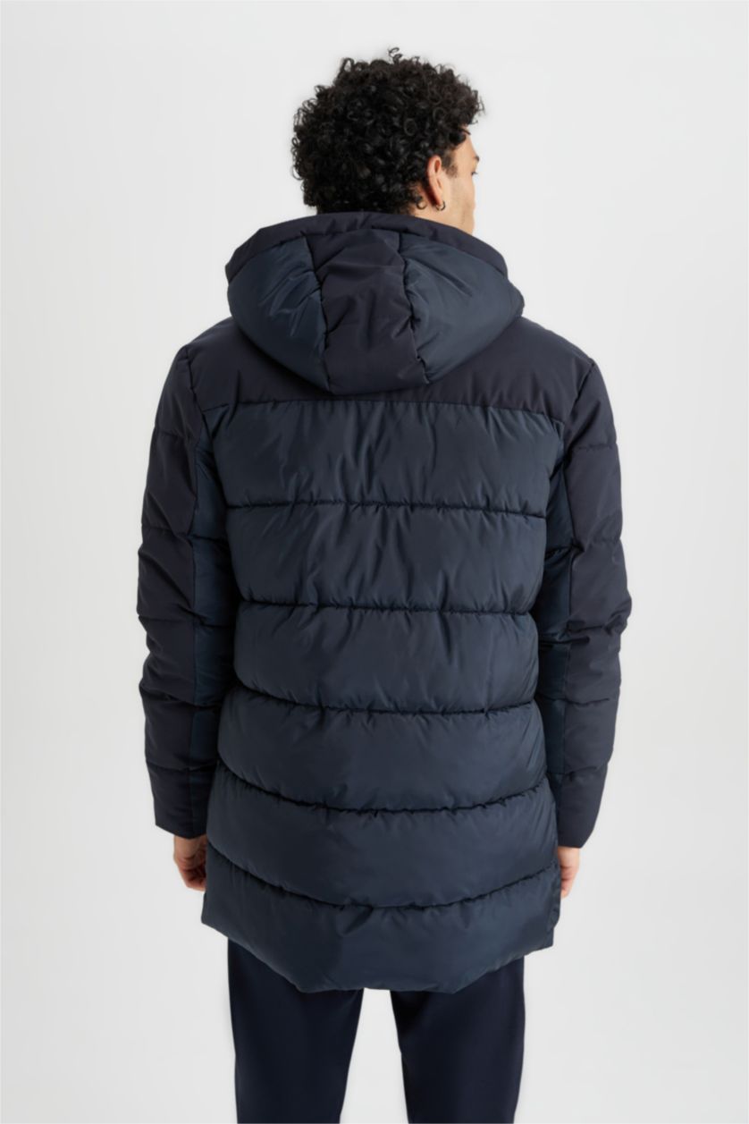 MAN NAVY Slim Fit Hooded Faux Fur Lined Puffer Jacket