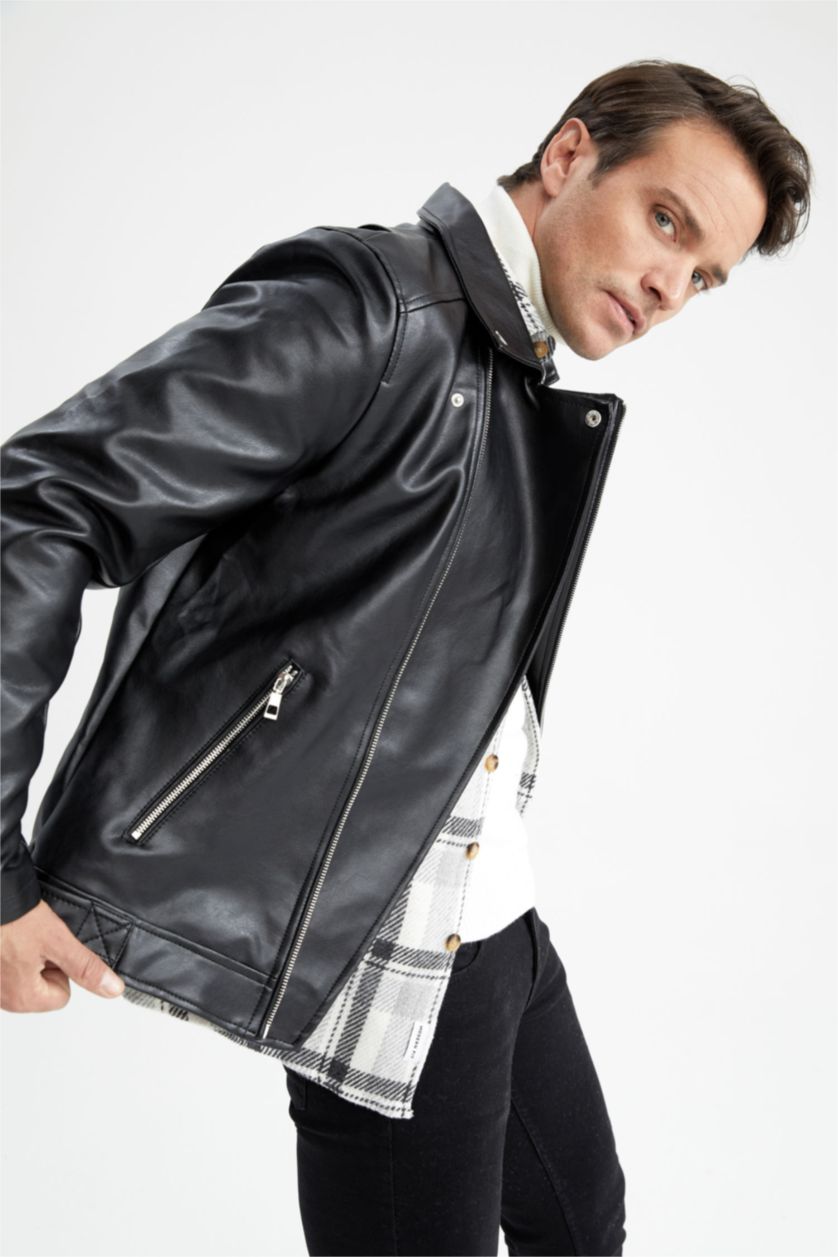 رجال أسود Zipper Faux Leather Jacket