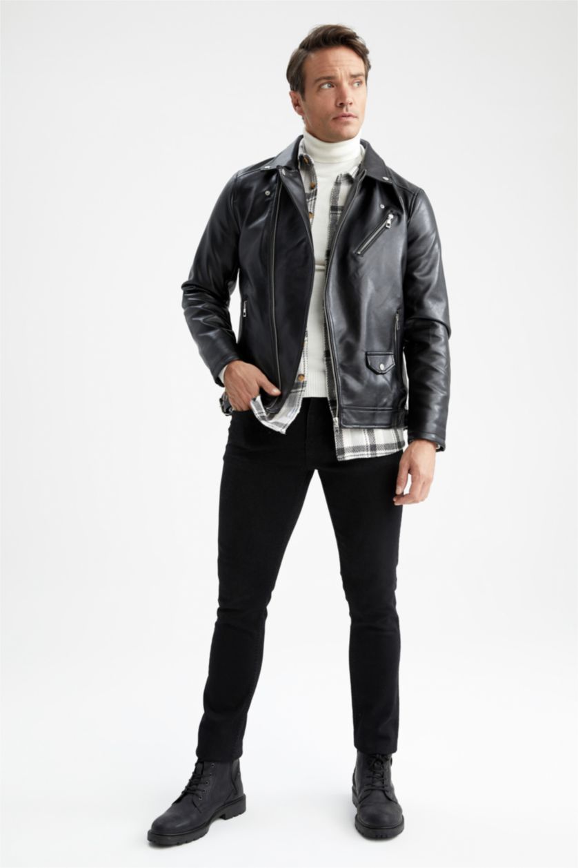 رجال أسود Zipper Faux Leather Jacket