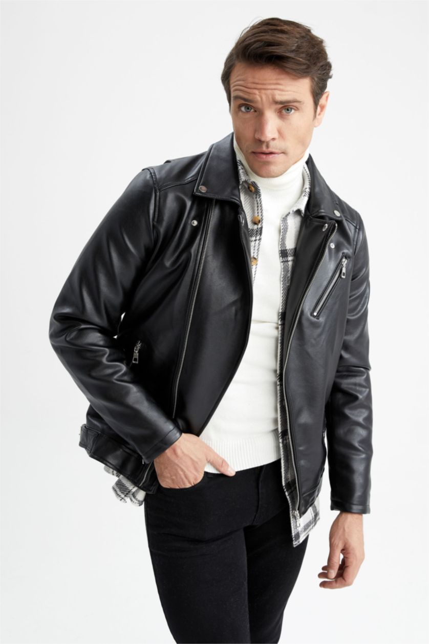رجال أسود Zipper Faux Leather Jacket
