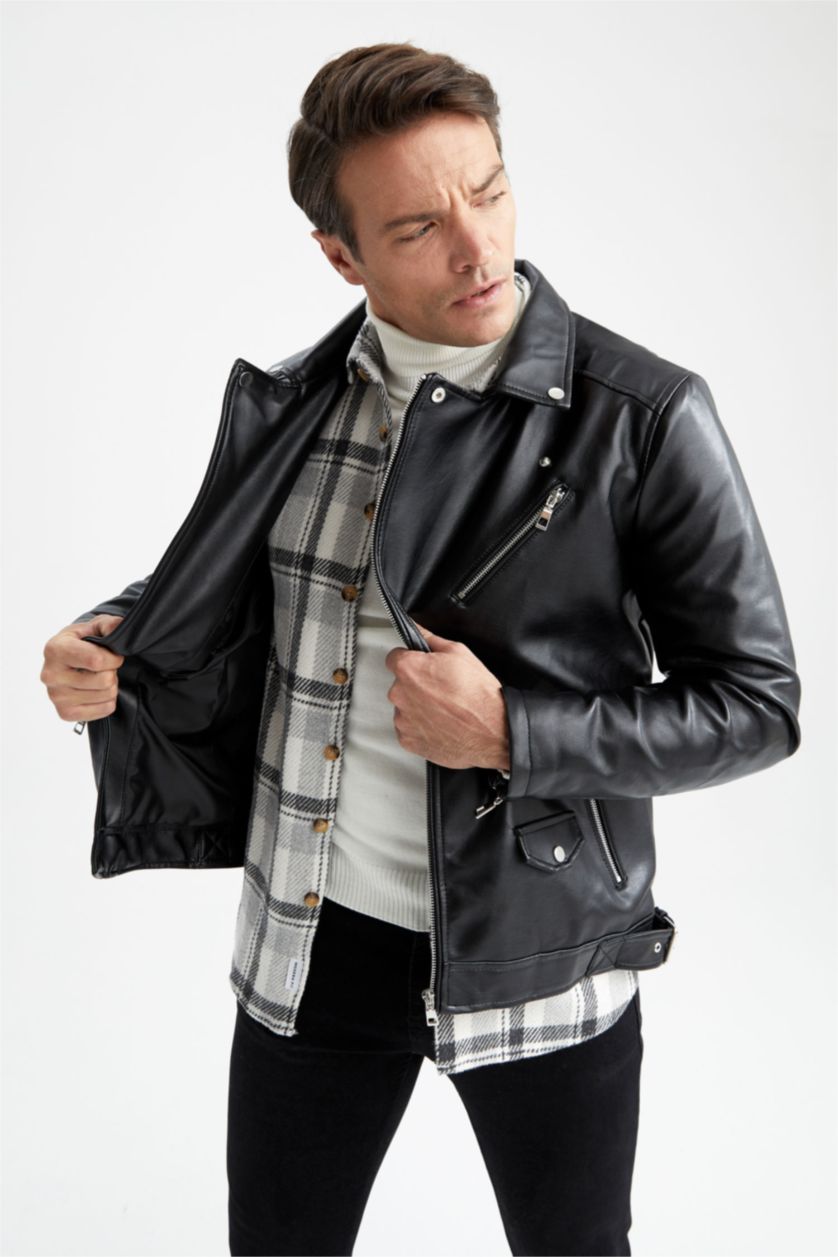 رجال أسود Zipper Faux Leather Jacket