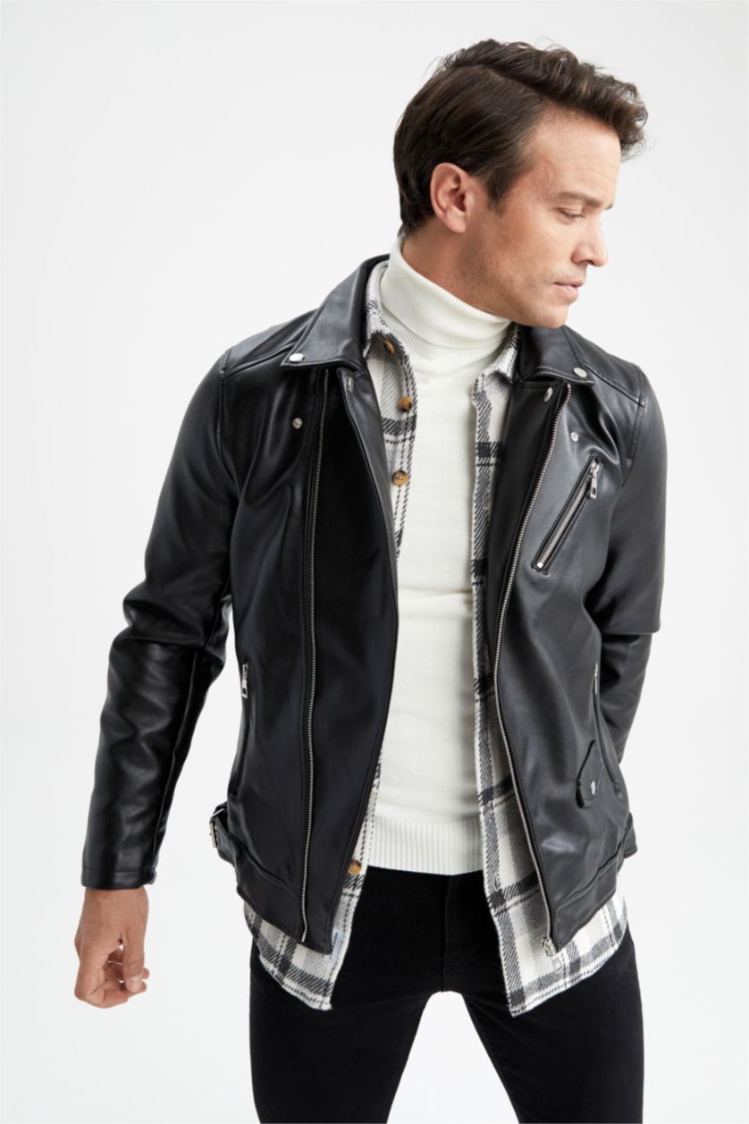 رجال أسود Zipper Faux Leather Jacket