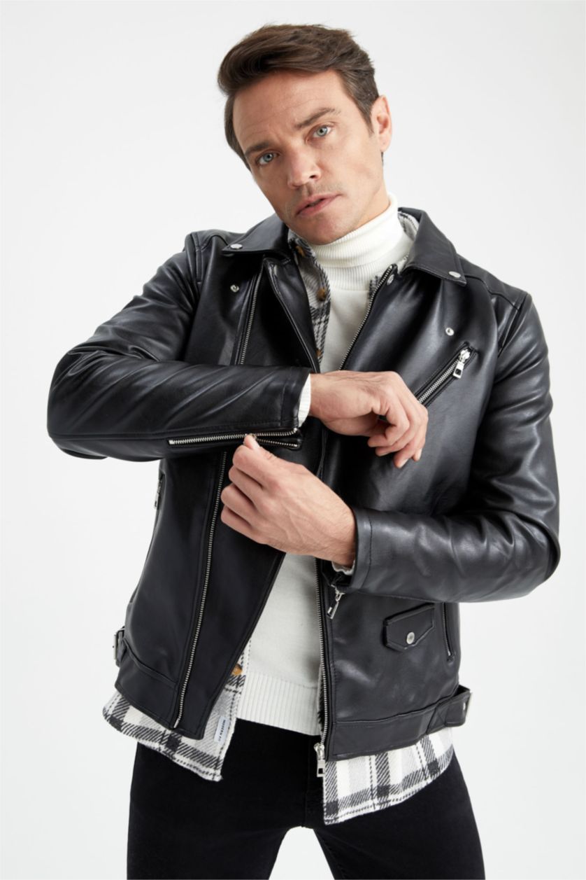 رجال أسود Zipper Faux Leather Jacket