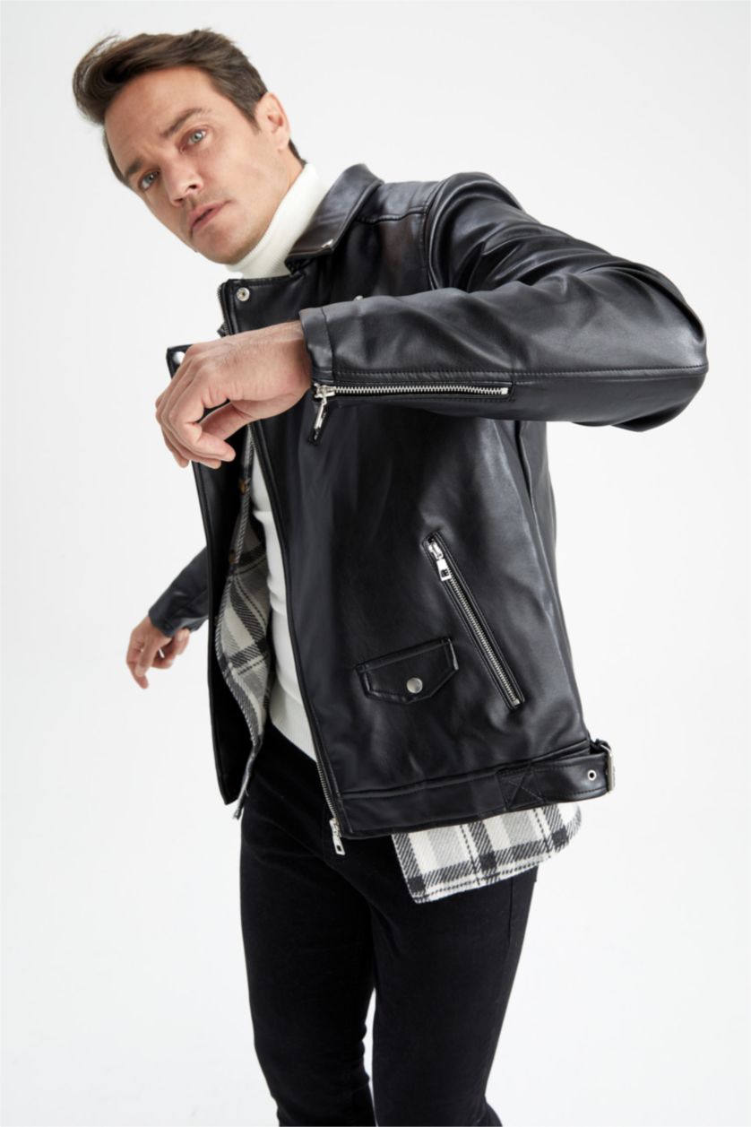رجال أسود Zipper Faux Leather Jacket