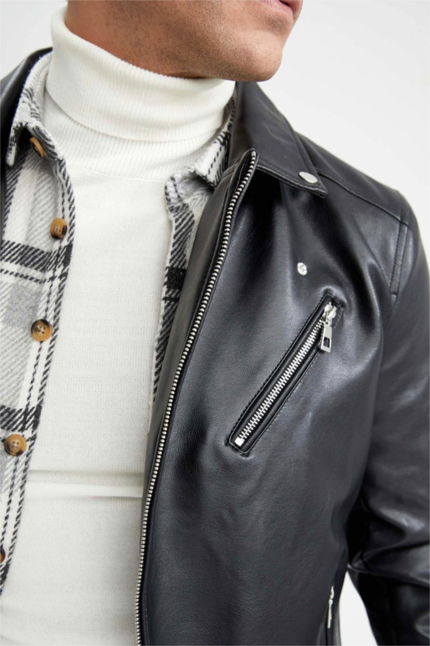 رجال أسود Zipper Faux Leather Jacket
