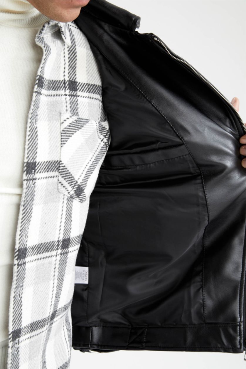 رجال أسود Zipper Faux Leather Jacket
