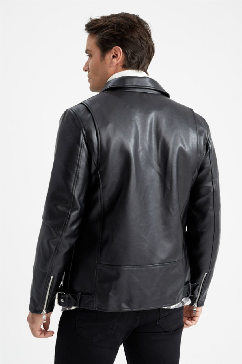 رجال أسود Zipper Faux Leather Jacket